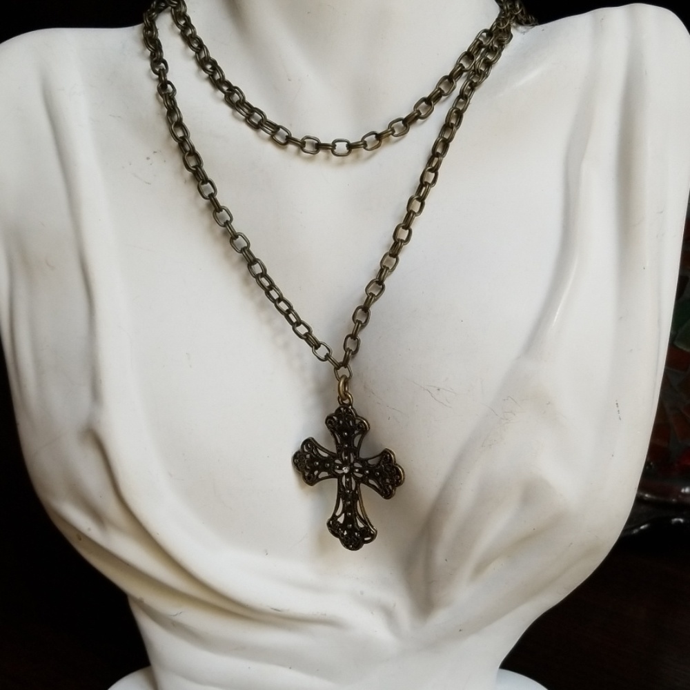 Rustic Cross Pendant Necklace Antique Goldtone Hand Crafted - Picture 9 of 10